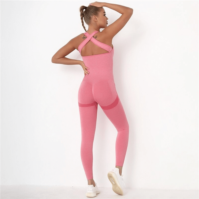 Woman in pink seamless high-waist bodysuit with hips push-up, showcasing gym clothing designed for women. Style SF0021.